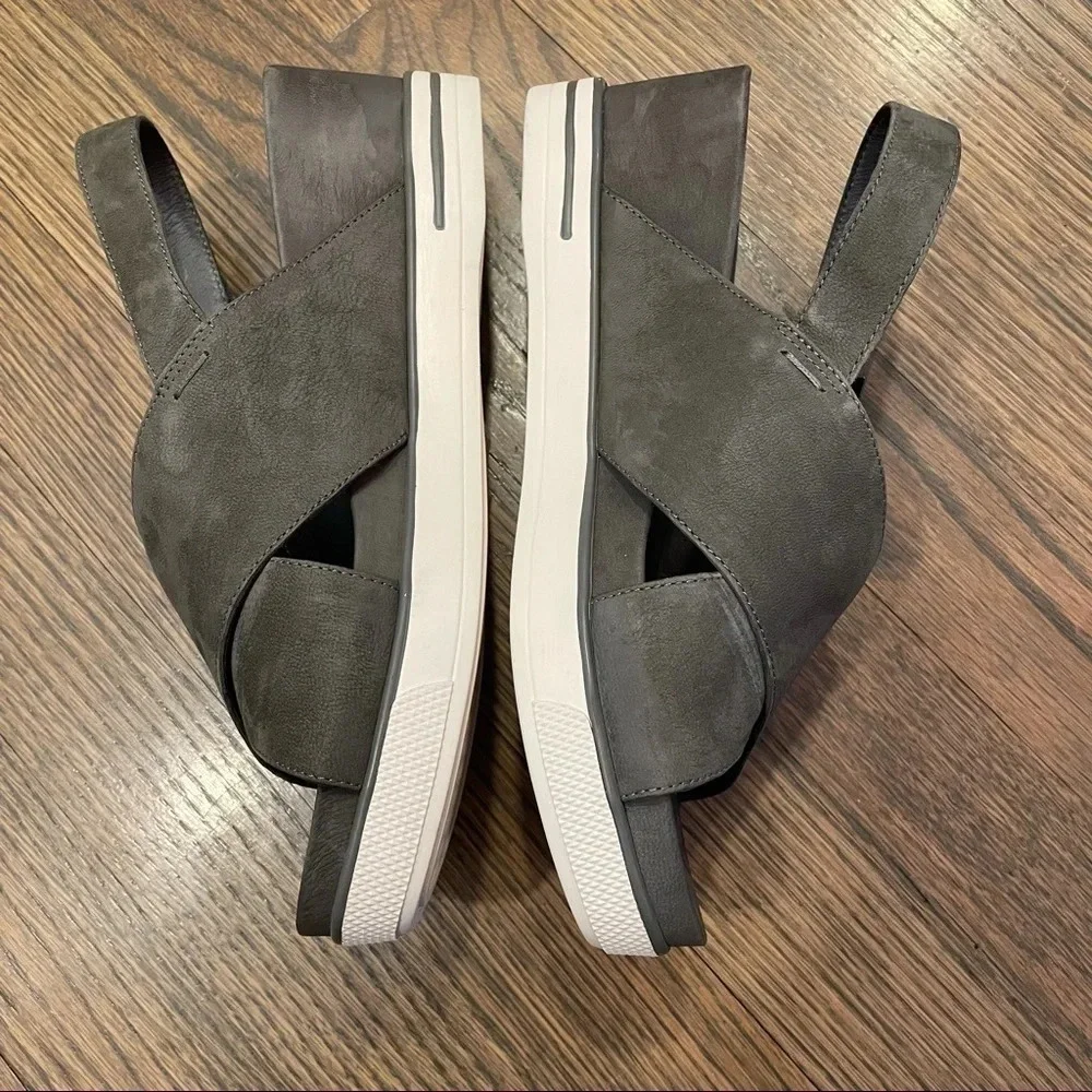 Eileen Fisher “Good” Leather Wedge Platform Sandal 8.5 Crisscross Graphite